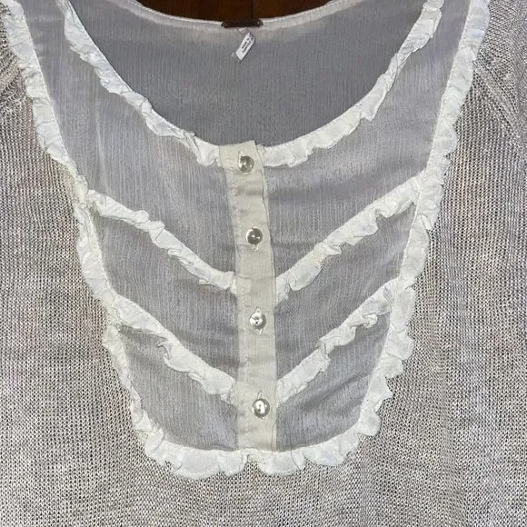 Free People S Lace Trimmed 100% Linen Oatmeal Sweater - Picture 5 of 7